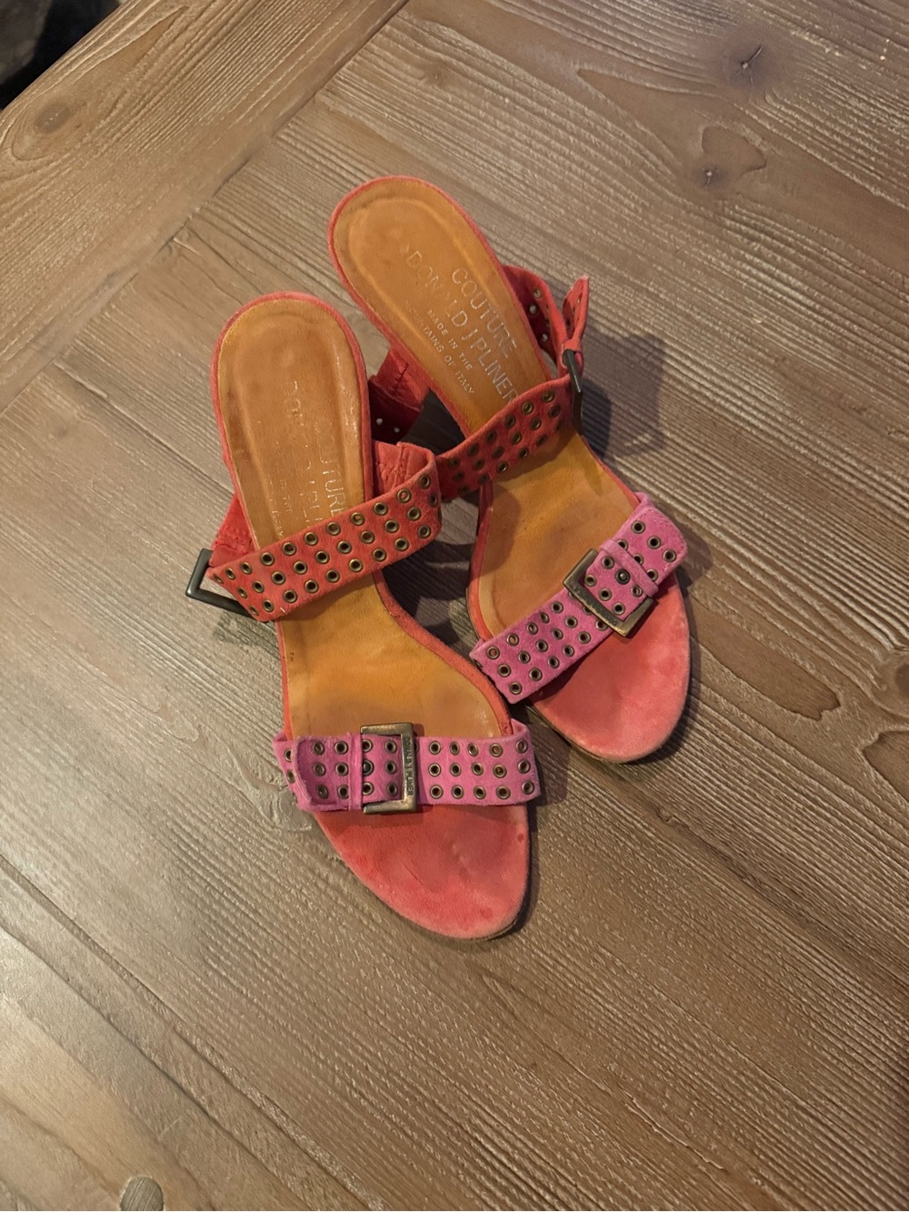 Donald J. Pliner Two-Tone Pink & Red Studded Buckle Sandals